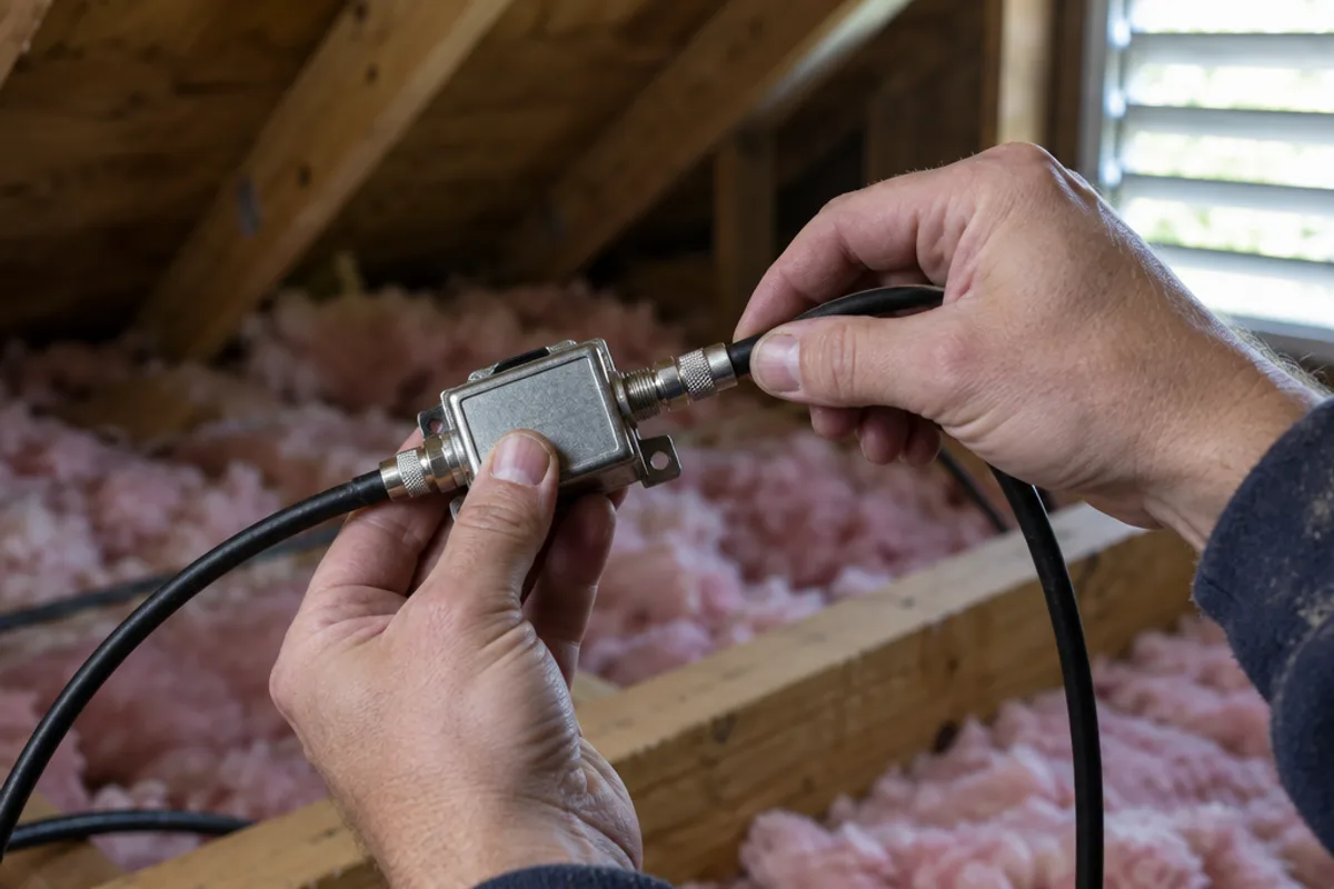 A technician's hands fitting a coax connector to a small inline antenna amplifier in an attic, with pink insulation behind
