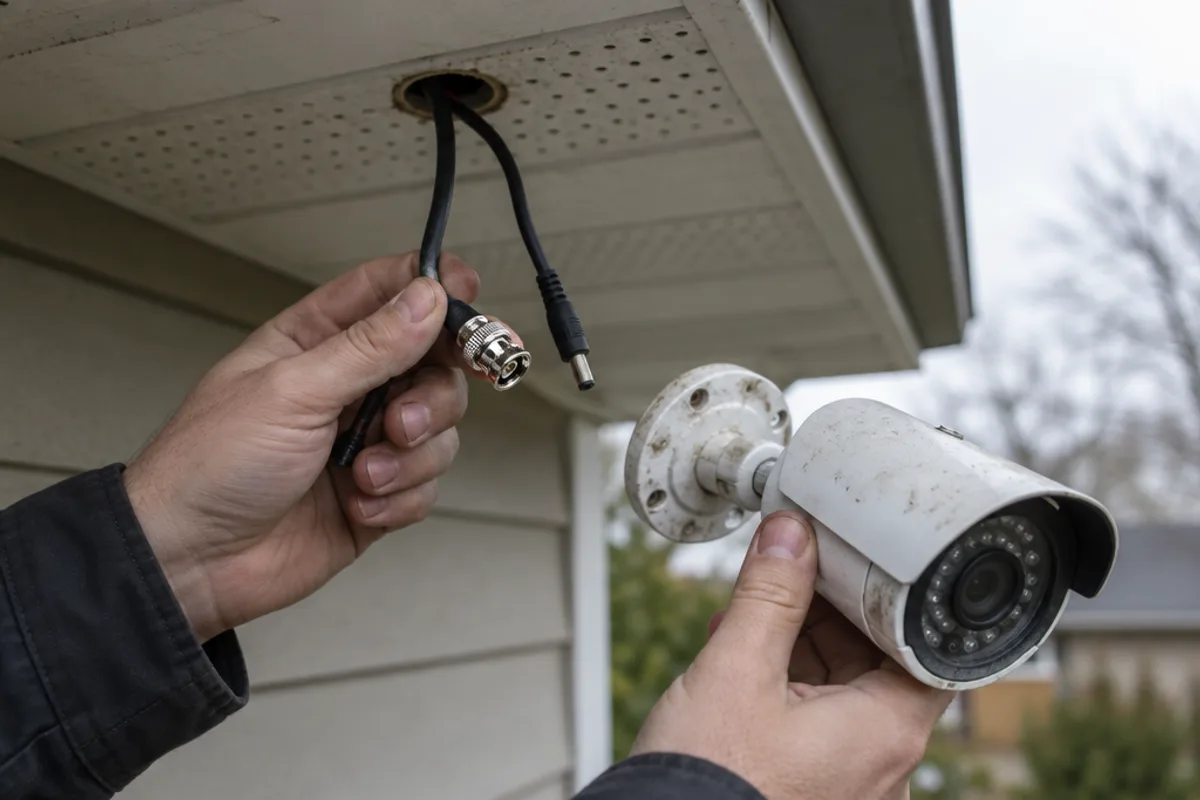 A technician's hands holding an existing coax cable with a BNC connector at a soffit, next to an older bullet camera that has just been unmounted