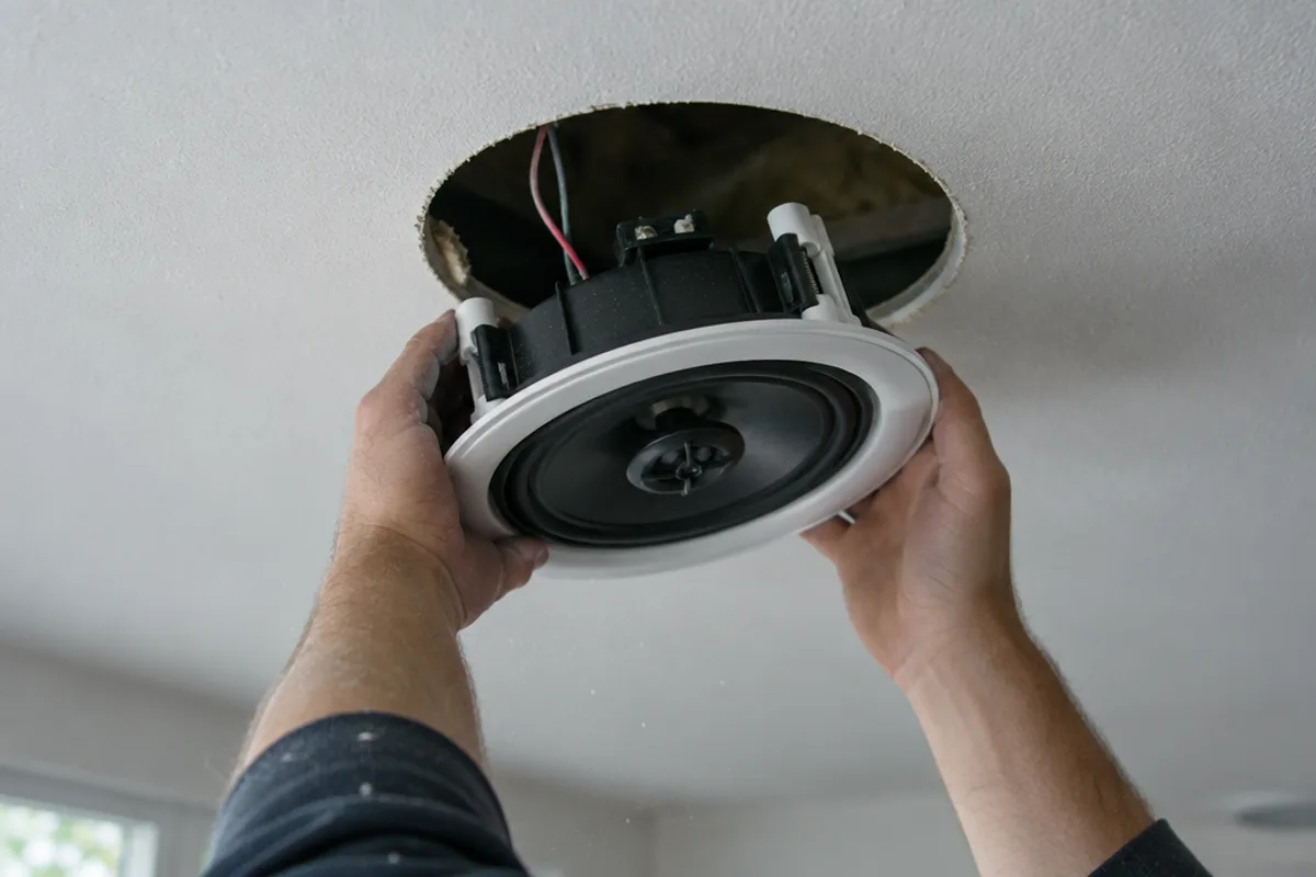 A technician's hands lifting a round in-ceiling speaker into a freshly cut hole in a white ceiling