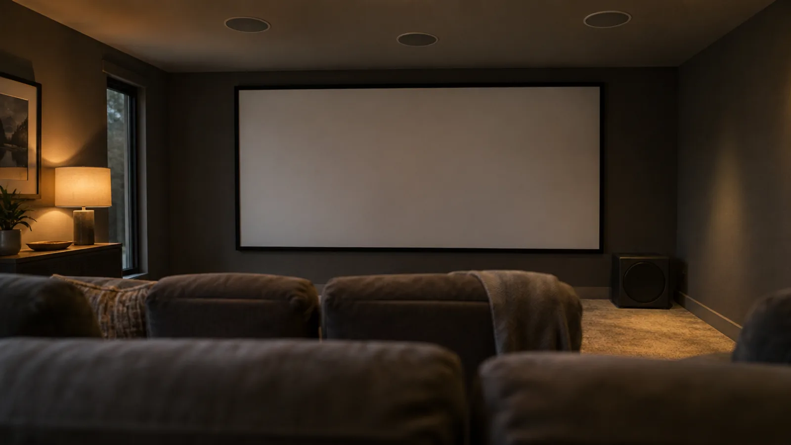 A dim home media room with a large fixed-frame projection screen on the front wall, flush ceiling speakers and a row of seating