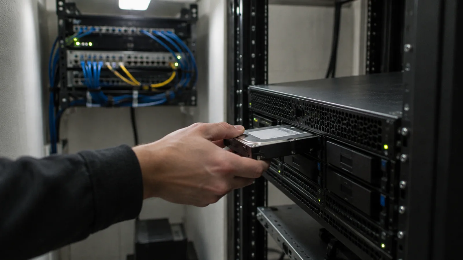 A technician's hand sliding a bare 3.5-inch hard drive into the open bay of a rack-mounted recorder in a small network closet