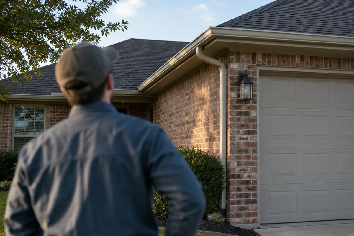 A person seen from behind looking up at the roof eave and garage corner of a single-story brick house