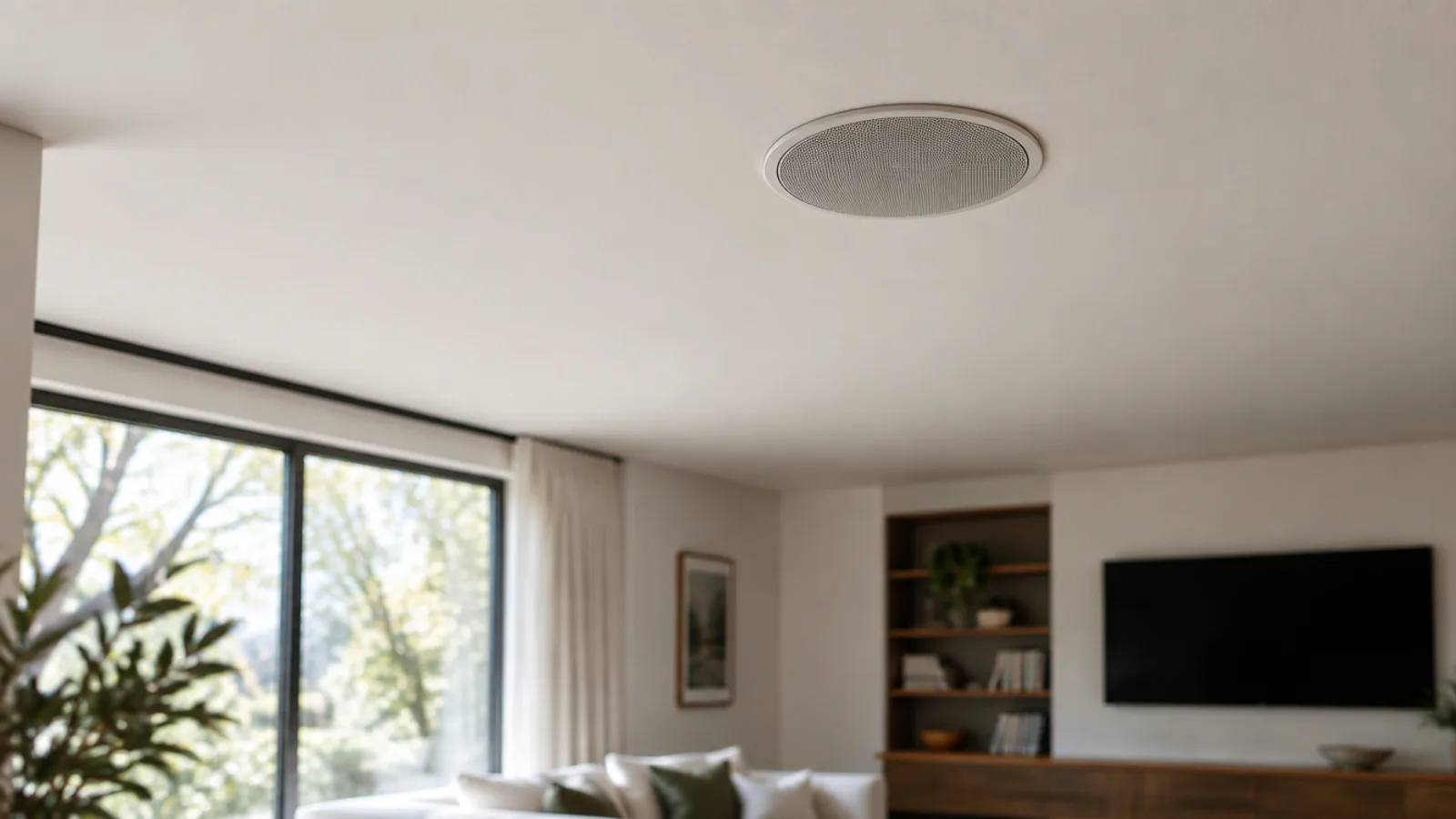 A flush in-ceiling speaker installed in a contemporary living-room ceiling