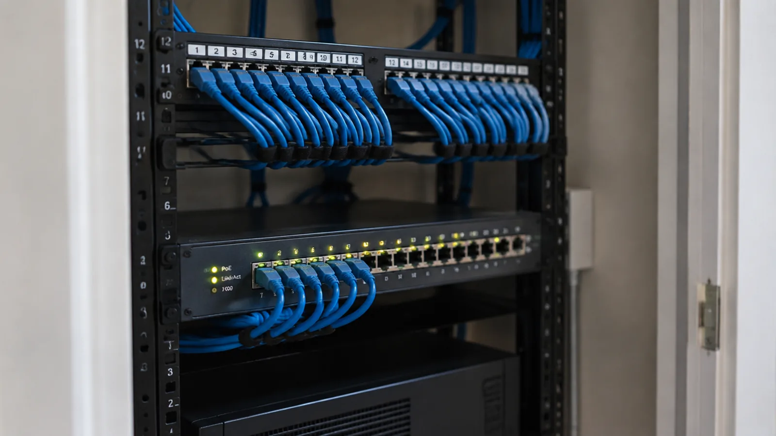 A finished network rack with blue Cat6 patch cables combed into a labeled patch panel
