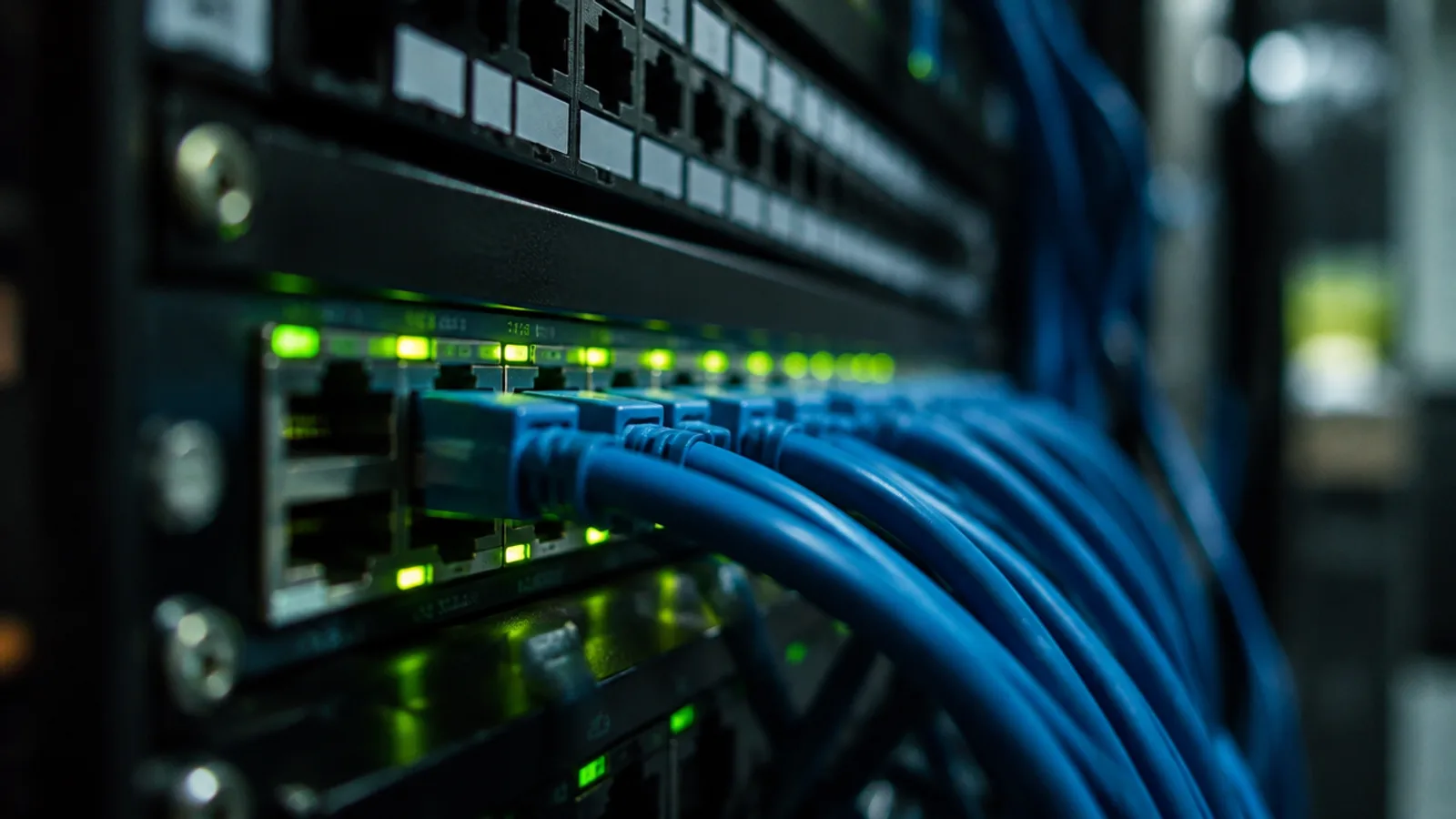 Close-up of a network patch panel with blinking link LEDs