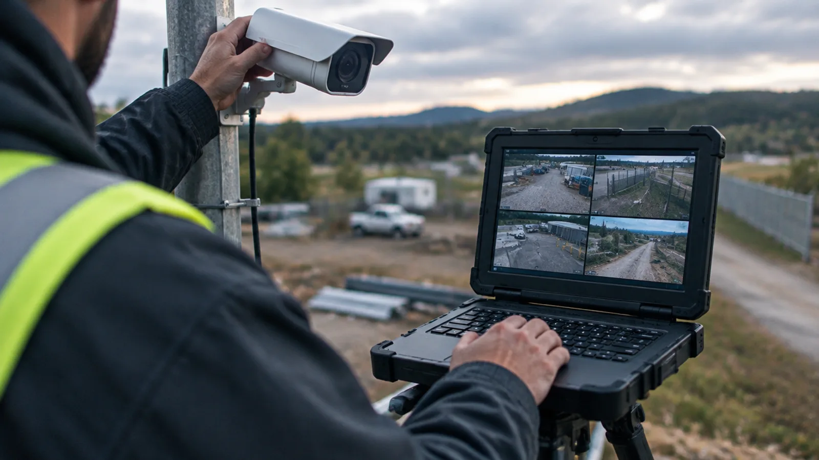 A technician aiming a pole-mounted surveillance camera beside a laptop showing a live camera grid