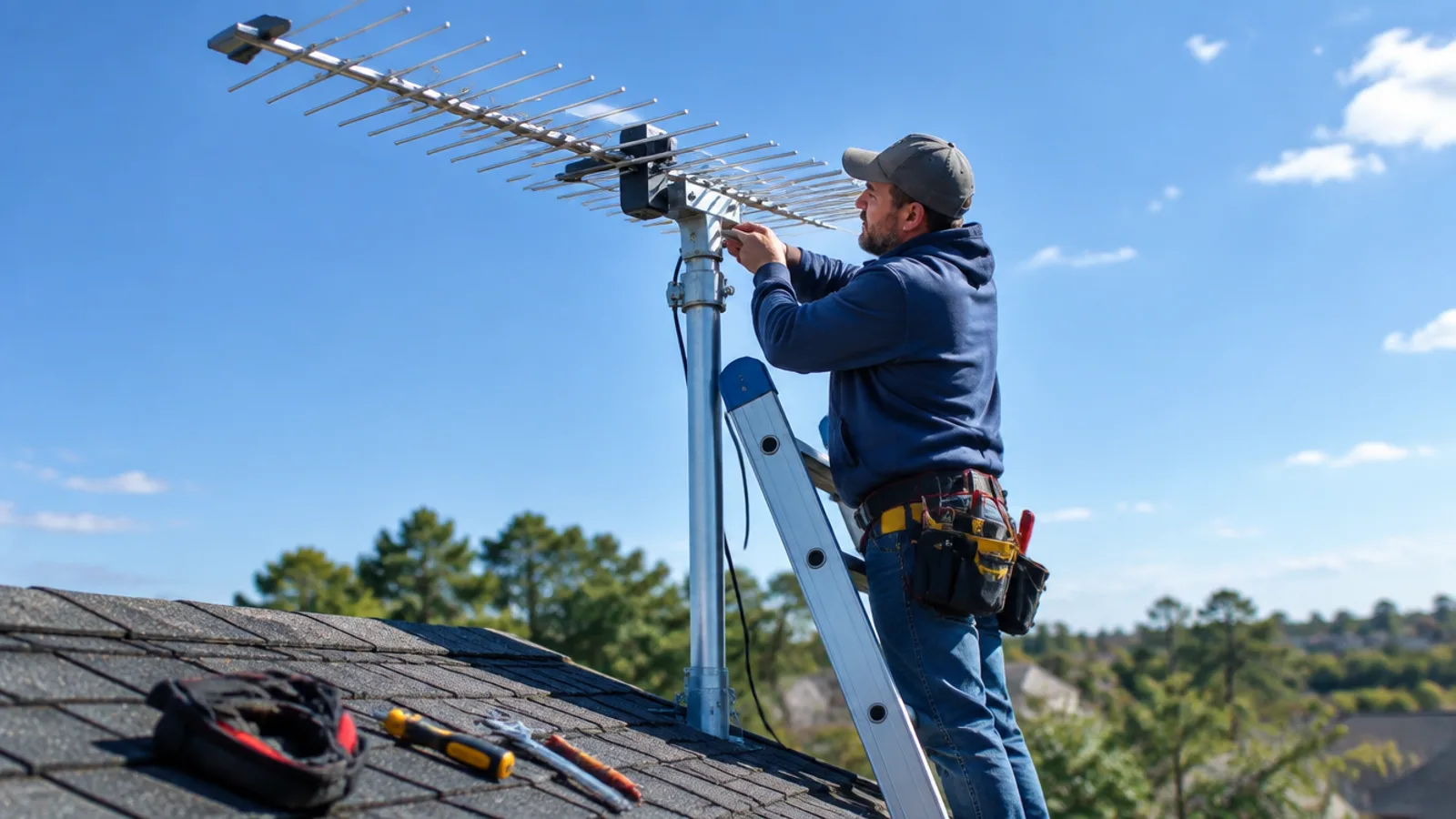 A technician on a ladder aligning a rooftop over-the-air TV antenna